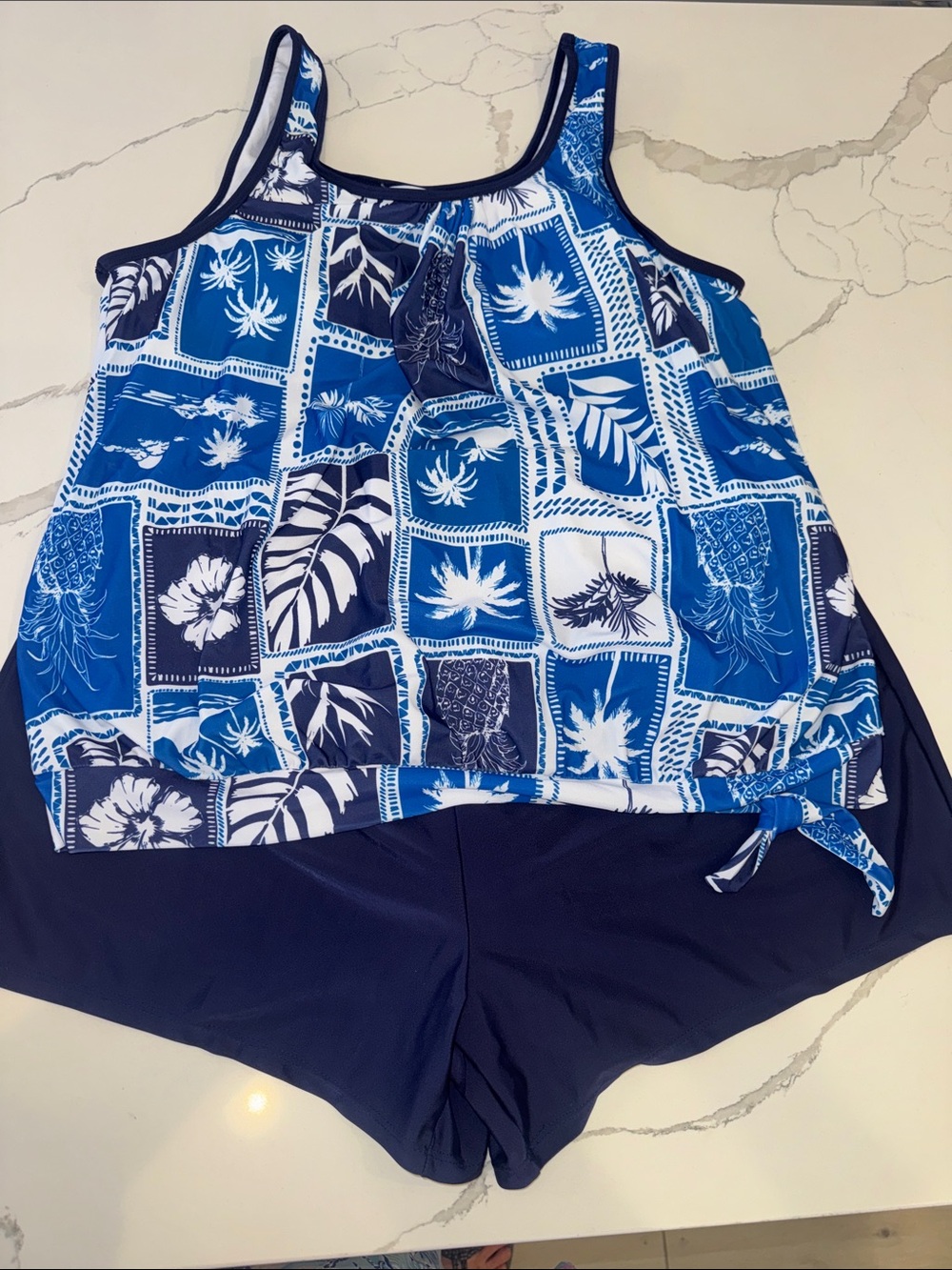 Ladies Blue Floral Tankini Swim Set - Navy Bottoms 2XL